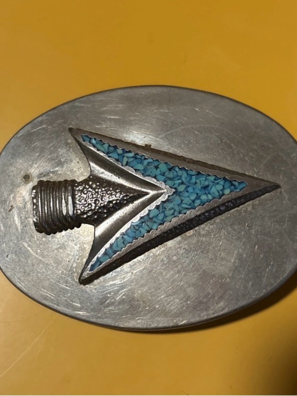 Oval Turquoise & Silver Tone Oval Arrowhead Accent Belt Buckle 3”x2”